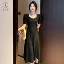 [연당월]빈티지 스퀘어넥 퍼프 소매 등판 리본 슬림핏 미디 원피스구호원피스땡땡이스커트