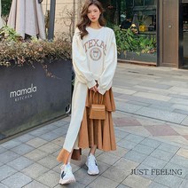 JUST FEEL!NG 불규칙 배색 여성 봄 박시핏 롱 맨투맨 원피스 캐쥬얼 홈웨어 롱티