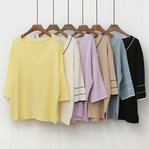 샵앤 [샵앤] 리엘 국산 여성 7부소매 루즈핏 V넥 니트 티셔츠 JLE-WKN-2278-블랙
