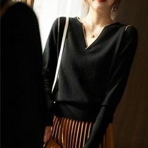 여성 고급 금사 울 니트 예쁜 브이넥 스판 티 셔츠