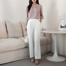 마롱패션 진주 써클 타이 목 주름 블라우스 쉬폰 블랙 아이보리