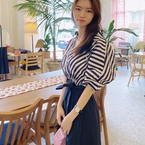 [세인트이브] 6669 V넥 오브카라 퍼프소매 배색 미디원피스