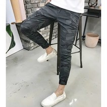 용된다 남자 워싱면 슬림핏 카모 밀리터리 조거 면바지