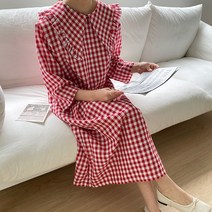 퍼니걸스 6205 루즈핏 배색 체크 카라 롱 원피스 여성의류