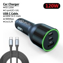 3 포트 usb c 차량용 충전기 120w qc5.0 pd 100w pps 45w 30w qc3.0 macbook iphone 13 용 18w samsung s20 xiaomi 전, 협력사, 3포트 및 1m 케이블
