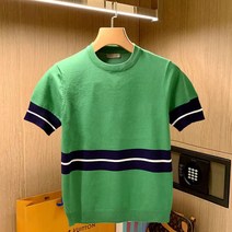 YAPOGI 남성 니트 골지 반팔 스트라이프 카라 티셔츠 유럽과 미국 패션 서양식 컬러 매칭 슬림 반