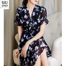 유유가가 여성 브이넥 여름 꽃무늬 원피스 프릴 허리밴딩 시원한 주름원피스