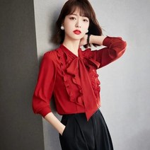 프릴가디건 22 년 긴 소매 레드 상의 디자인감각 시크 반팔셔츠 페플럼 쉬폰 여성 봄옷 2월14 일 발 3891108066, 레드 XL