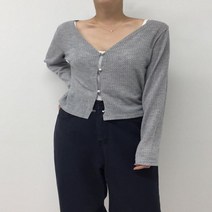 여자 얇은니트 브이넥 진주 비치룩 그물 가디건