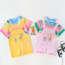 루라줌) 아기 유아 8개월 돌아기 두돌 3살 4살 레인 곰 멜빵바지 반바지 여름 상하복세트 돌복 외출복 북유럽풍 반팔 여름 돌선물 조카선물 아기옷선물