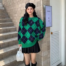포린박스 캐주얼 그린 아가일 체크 복고풍 니트 스웨터 SH