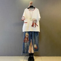 빈티지 여성 반팔티 청바지 상하세트 자수 티셔츠 데님 팬츠 투피스 빅사이즈 봄여름