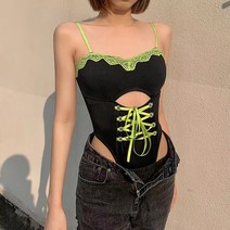 센터 트임 리본 장식 연두색 레이스 블랙 S-L 21m0220 바디수트 끈 나시
