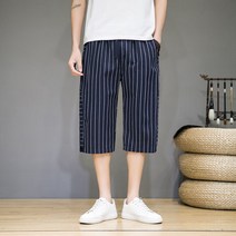 WZC 여름 남성 린넨 7부 바지 세로 스트라이프 스트링밴딩 와이드 팬츠 빅사이즈 M~5XL