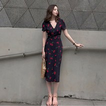 순이들 여성 브이넥 체리 랩 원피스