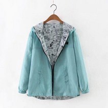 kekagongmao여성 짧은 재킷 봄 가을 양면 재킷 후드 지퍼 느슨한 만화 인쇄 Outwear 여성 코트 | 트렌치 | -