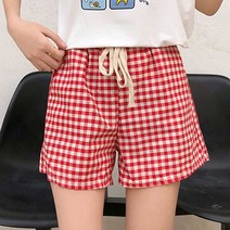 귀여운 여자 데일리룩 여름 휴가철 실내외 체크 바지 편한 하의 고무줄 바지 의류쇼핑몰 홈웨어룩 짧은