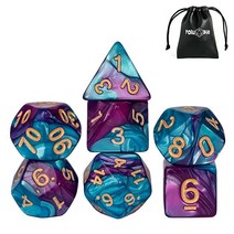 Poludie 7-Die DND 주사위 세트 다면체 주사위 세트 가죽 가방 포함 던전 앤 드래곤용 D&D 주사위 세트 RPG MTG 테이블 게임(T/옐로우 그린), Purple Blue