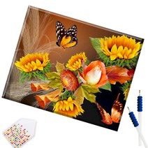 SHEXIU 3D 원형 보석십자수 캔버스액자 DIY 키트 50 x 40 cm, SX115  나비와 해바라기x1세트