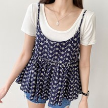 아모르데이 여성용 라일락블라우스 캉캉 플라워 자수 레이어드 나시