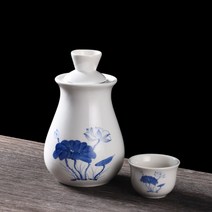 사케잔 전통주 세트 일본 전통주 잔 도쿠리 세트, 꽃병(푸른 연꽃) 3점 세트