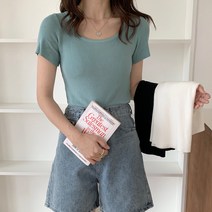 여름 라운드 솔리드 아이스 탑 니트 반팔 슬림 쇼트 티셔츠 인스 러쉬