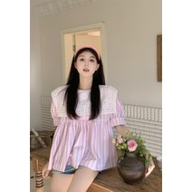연분홍 스트라이프 패치 자수 스퀘어넥 퍼프 셔츠 블라우스