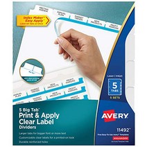 Avery Big Tab Dividers Print & Apply Clear Label Index Maker Easy Apply Strip 5 Tab Dividers 5 S, 1, 기타