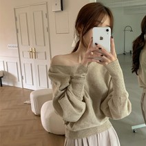오픈숄더 골판지 슬림소매 긴팔 블라우스 티셔츠
