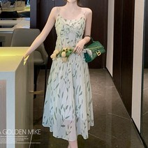 잇츠스타일 여성 프릴 나뭇잎모양 휴양지룩 여행룩 자켓 이너 그린 뷔스티에 미디원피스