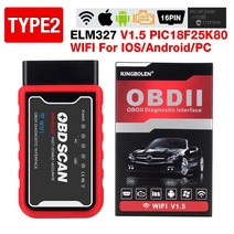ELM327 수입차진단기 다그네오 미션오일온도 V1.5 OBD2 스캐너 WiFi BT PIC18F25K80 칩 OBDII 진단 도구 아이폰 안 드 로이드 PC ELM 327 자동, [02] Wifi version 2, [01] V1.5 PIC18F25K80, 1개