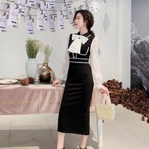 왕리본 벌룬 소매 블라우스 배색 슬림핏 H라인 원피스