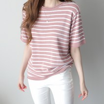 [국내배송 우체국택배] 제니트 여성 루즈핏 라운드넥 베이직 단가라 스트라이프 반팔 니트 반팔티 여름 커먼풀단가라