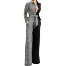 승마바지 셔츠 칼라 와이드 레그 팬츠 점프 슈트 여성용 반짝이는 긴 소매 패치 워크 컬러 벨트 포켓 여름, 02 은_05 2XL