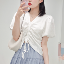 공주 벌룬 퍼프 소매 리본 셔링 반팔 티 블라우스