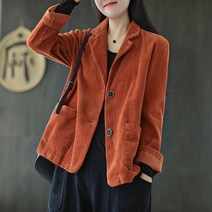 ZZJJC 코르덴 정장 넥 솔리드 쇼트 코트 여 긴팔 포켓 문예 빈티지캐주얼 코트 톱
