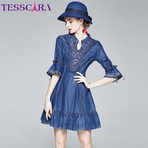 청원피스 롱 봄 멜빵 데님 TESSCARA-빈티지 자수 드레스 여성용 짧은 파티 로브 팜므 디자이너 플레어 슬리브 가을