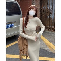 [하나비] 그헤시즈누리 여성 봄 가을 라운드넥 무지 타이트한 니트 원피스
