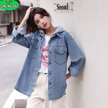 SHENGBO봄가을 투포켓 긴팔 후드 데님 셔츠 여성+NO.004LH908