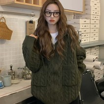 아이엠몽 여성 체크 꽈배기 니트 후드 집업 자켓