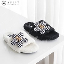 [애슬릿] 체크 꽃 양털 블로퍼 퍼 뮬 겨울 슬리퍼