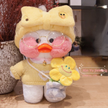 PKTOYS 말을 하고 녹음할 수 있다귀여운 오리 인형크리스마스 여자친구 선물 추천명절선물, 샐리 오리 헤어밴드 옐로 하트 니트 블루백, 30cm[녹취록]