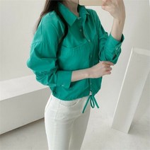 셀러허브(잡화) 여자 연분홍 크롭 스트랩 투포켓 긴팔 셔츠