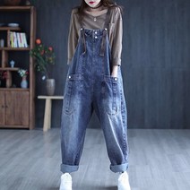 POMTOR 여성 멜빵 점프수트 여성 루즈핏 데님 멜빵바지 청바지 여성점프수트 통바지