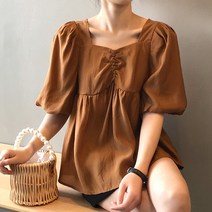 베이비돌블라우스 스퀘어넥 브라운 벌룬 셔링 프렌치 퍼프 여름 빈티지 루즈핏 화이트 고급