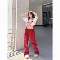 아메리칸 스트리트 힙합 레드 카고 팬츠 여 일자 와이드 캐주얼