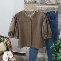 상상그이상 여성용 소매 스트링 린넨 자켓 블라우스 튤립 퍼프소매 시원한 여름 하객룩코디 단정한 오피스 출근룩