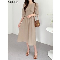 린넨 원피스 마 빅사이즈 롱 리넨 여성용 여름 선드레스 VONDA 오피스 드레스 하프 퍼프 슬리브 패션 여성 캐주얼 루즈 단색 미디 로브