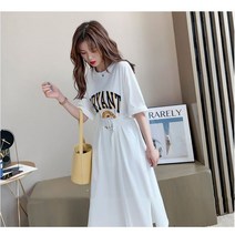 WZC 여성 여름 롱원피스 라운드 루즈핏 프린팅 벨티드 옆트임 반팔원피스 빅사이즈 데일리