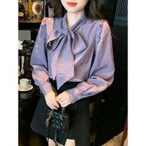 리본블라우스 오피스룩 롱 슬리브 셔츠 봄 리본 칼라 솔리드 컬러 베이직 여성 우아한 상의 W1276